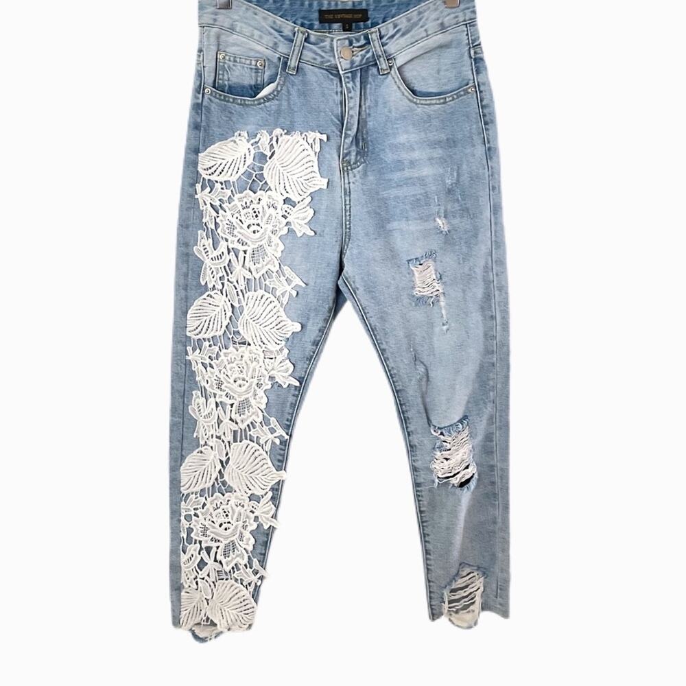 The Vintage Shop Lace Applique Distressed Jeans Sz S - Picture 2 of 8